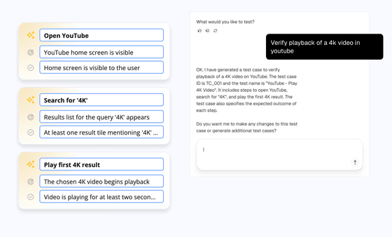Witbe Agentic AI natural language test creation validating 4K YouTube video playback with automated step generation.