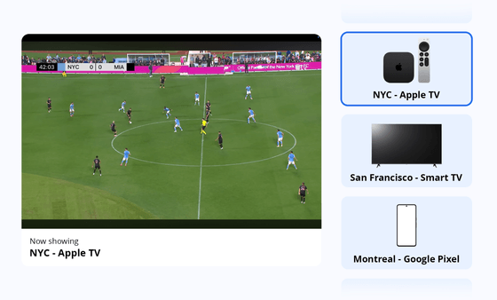Witbe real-time monitoring of a live soccer match on Apple TV with side panel to switch between Smart TV and mobile devices.