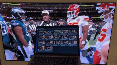 Image depicting the transition from the Super Bowl coin toss to Witbe's Virtual NOC monitoring interface, highlighting real-time analysis.