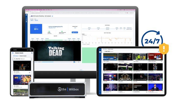 Witbe video service monitoring with REC interface displayed on desktop, tablet, and smartphone, powered by a Witbox.