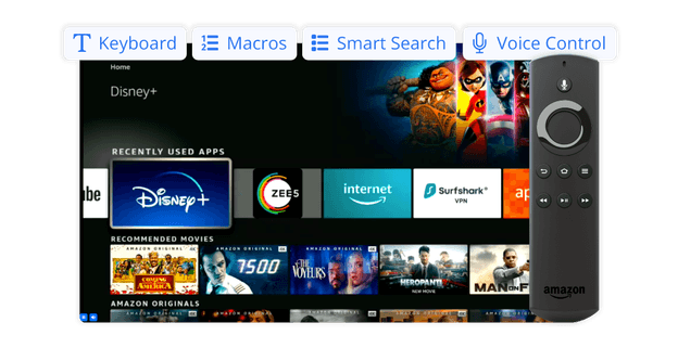 Witbe REC remote control interface with options for keyboard, macros, smart search, and voice commands.