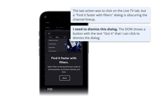 Witbe Agentic AI analyzing a Live TV app test and adapting to dismiss an on-screen dialog automatically.