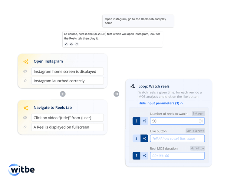 Witbe AI-assisted test creation interface showing automated Instagram Reels navigation and looped playback scenario.